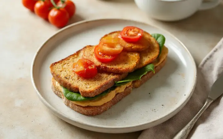 Generated illustration of tempeh and hummus sandwich, not a photograph of the dish