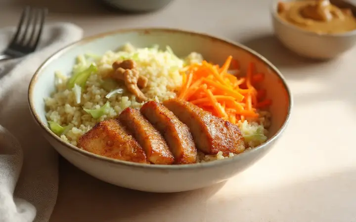 Generated illustration of tempeh and peanut quinoa bowl, not a photograph of the dish
