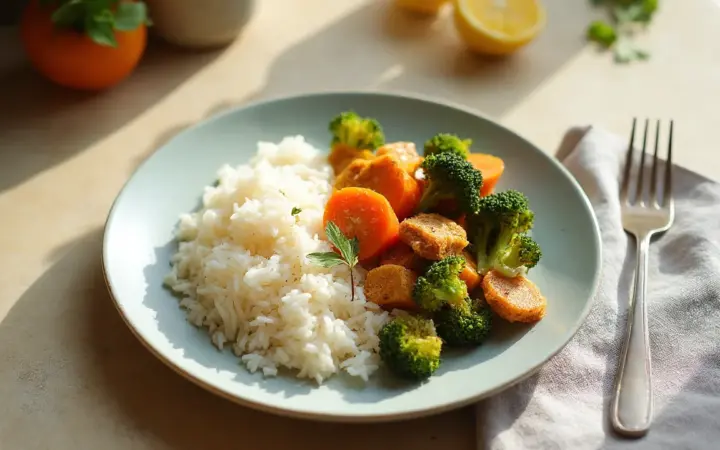 Generated illustration of tempeh stir-fry with rice, not a photograph of the dish