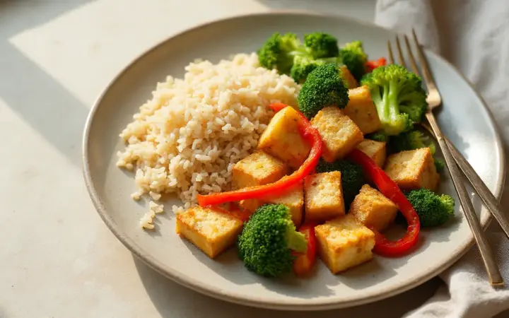 Tofu and broccoli stir-fry with brown rice