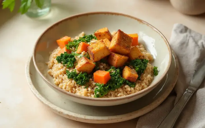Generated illustration of tofu and buckwheat bowl with tahini, not a photograph of the dish