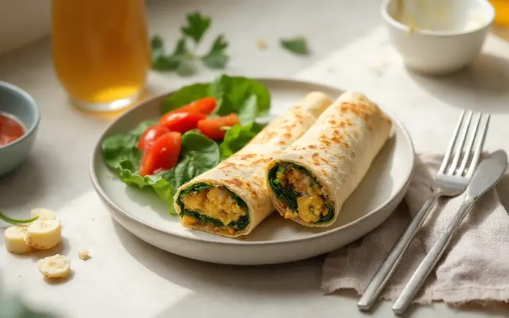 Generated illustration of tofu and spinach breakfast wrap, not a photograph of the dish