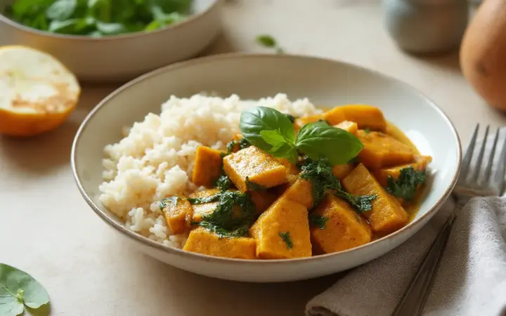 Generated illustration of tofu and spinach coconut curry with rice, not a photograph of the dish