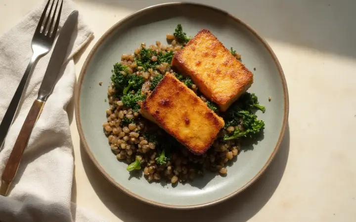 Generated illustration of tofu steaks with lentils and greens, not a photograph of the dish
