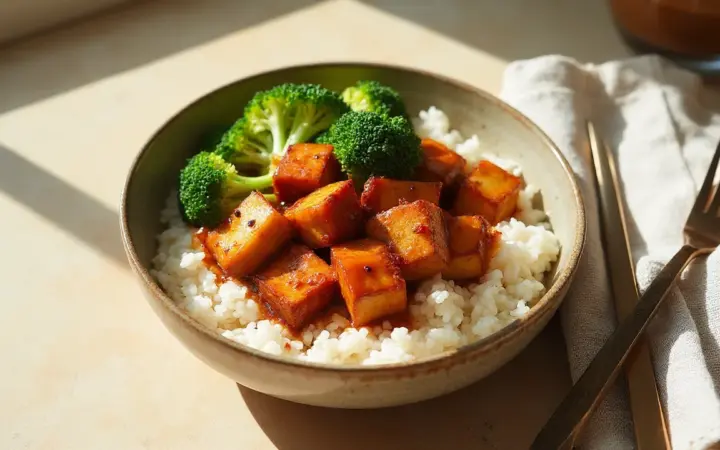 Generated illustration of tofu teriyaki bowl, not a photograph of the dish