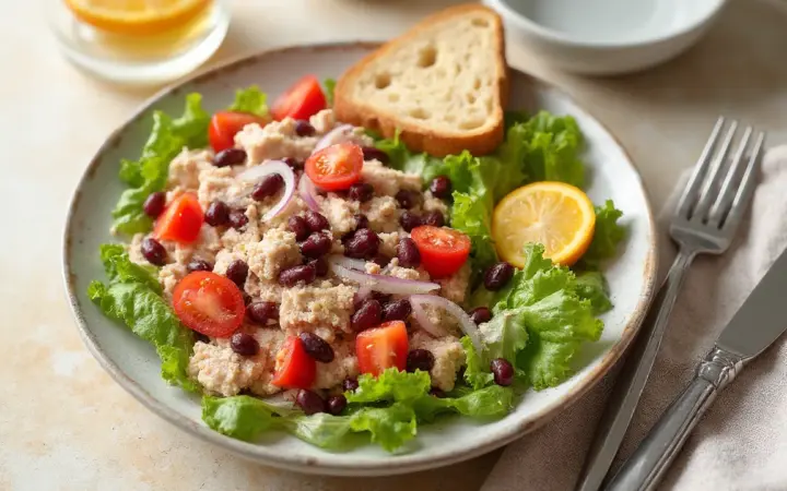 Generated illustration of tuna and bean salad with bread, not a photograph of the dish