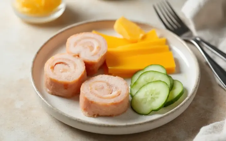 Generated illustration of turkey and cheese roll-ups, not a photograph of the dish
