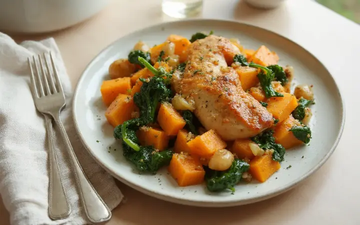 Generated illustration of turkey and sweet potato skillet, not a photograph of the dish