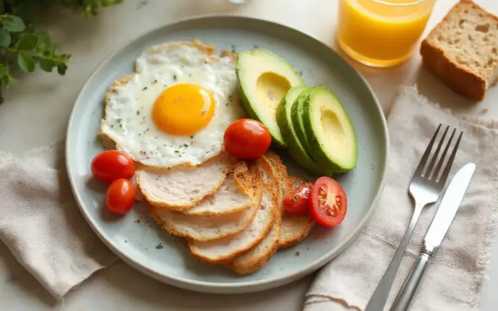 Turkey, egg and avocado breakfast plate
