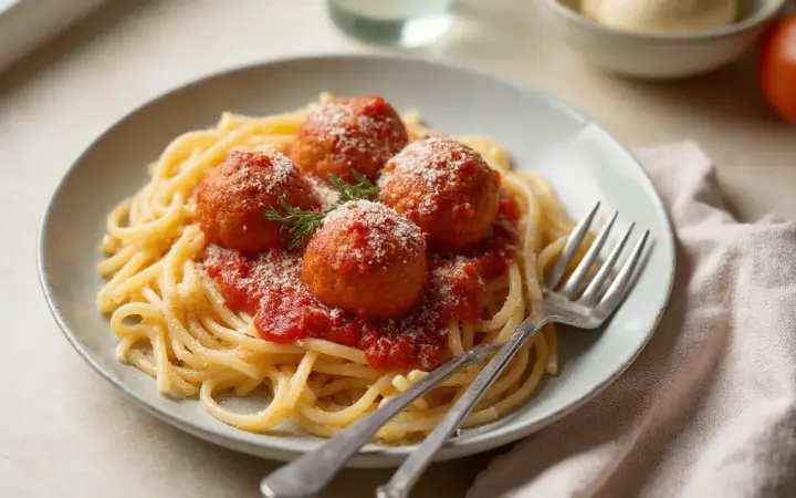 Turkey meatballs in tomato sauce with pasta