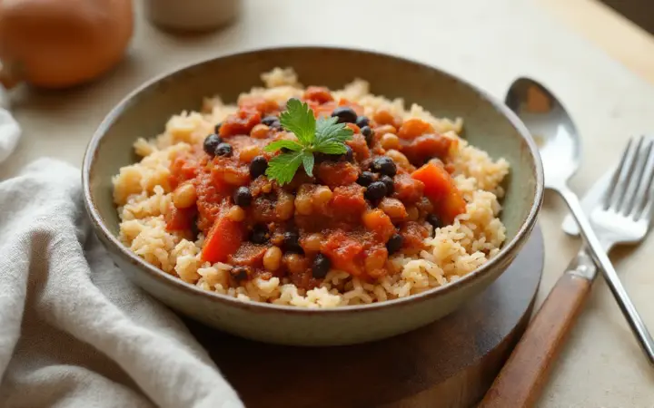 Generated illustration of two-bean vegan chilli with rice, not a photograph of the dish