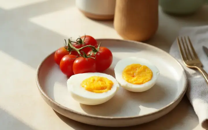 Two boiled eggs with cherry tomatoes