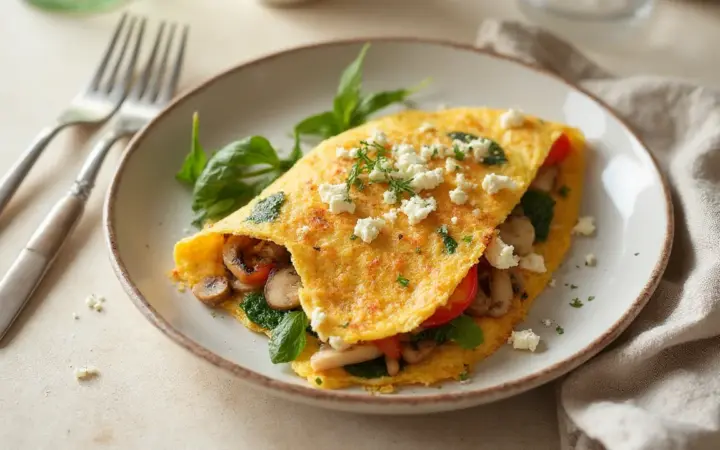 Generated illustration of veggie omelette with feta, not a photograph of the dish
