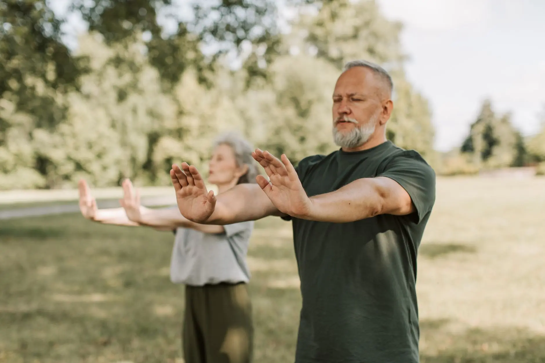 Elderly couple engaged in outdoor Tai Chi, promoting wellness and fitness in a park setting