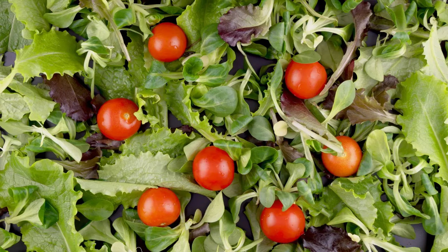 Vitamin a d e k deficiency: top view of fresh mixed greens and cherry tomatoes