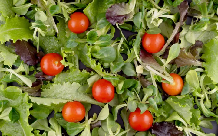 Vitamin a d e k deficiency: top view of fresh mixed greens and cherry tomatoes